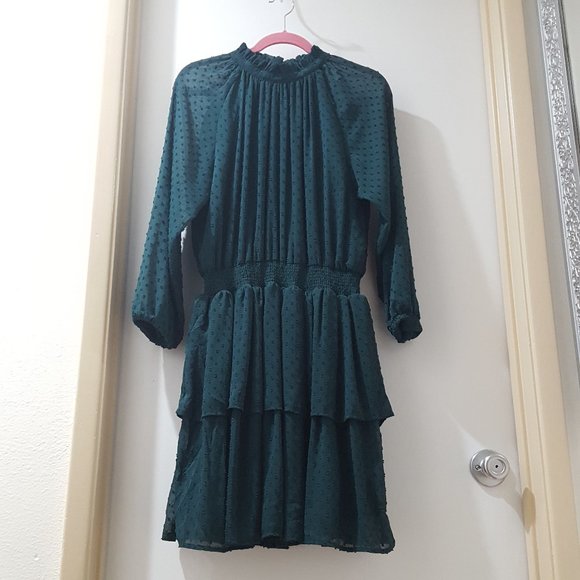 teal green swiss dot chiffon high neck gathered waist long sleeve dress - Picture 3 of 6